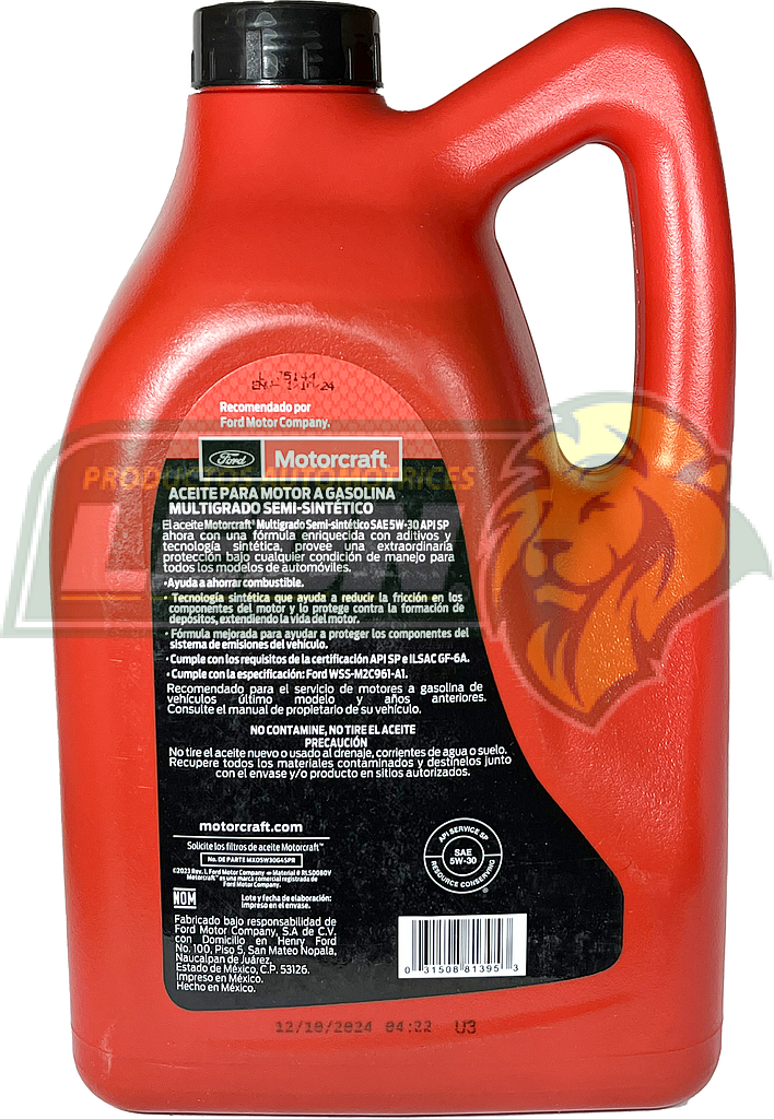 ACEITE PARA MOTOR A GASOLINA MULTIGRADO SEMI-SINTETICO SAE5W-30 APIGF-6 5 Lt. MOTORCRAFT