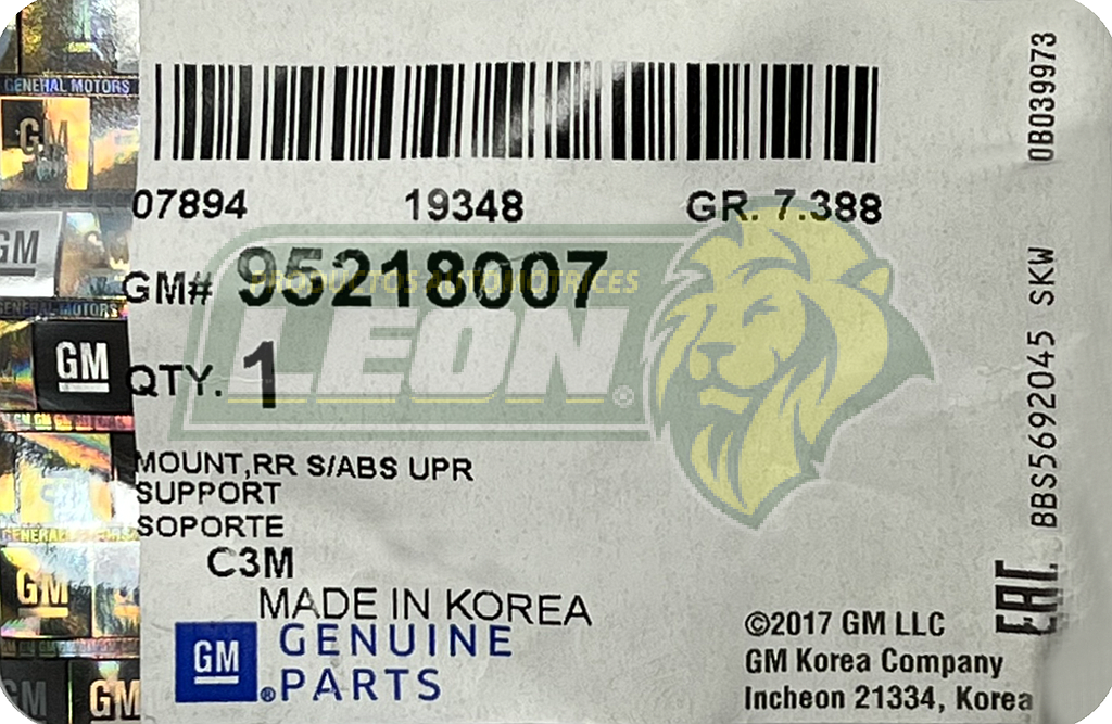 SOPORTE AMORTIGUADOR G.M. SPARK 13-15 GT 4C. 1.2L (95194748, 2674581, 95975658, K201718) (3 pzas.) TRASERO ORIGINAL