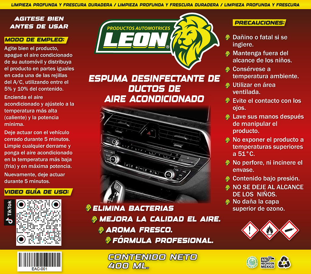 ESPUMA DESINFECTANTE P/DUCTOS DE AIRE ACONDICIONADO (LEÓN) 400 ml.