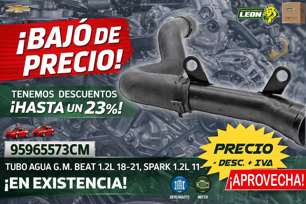 TUBO AGUA G.M. BEAT 1.2L 18-21, SPARK 1.2L 11-17 (C/MANGUERA) (42679755, 96676711, 220-010) LEON IMPORTACION