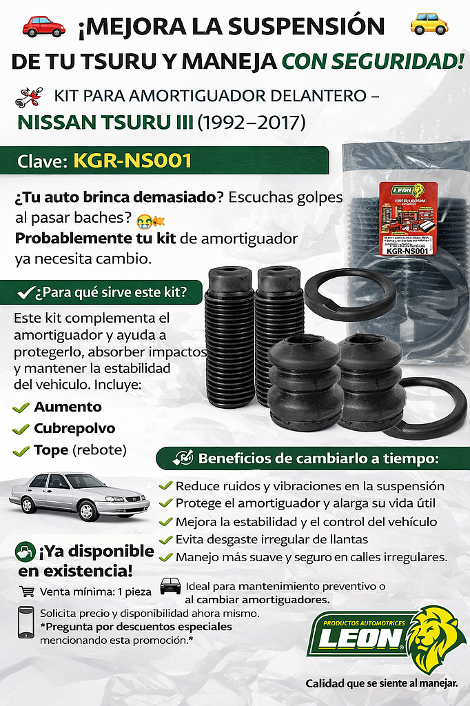 KIT PARA AMORTIGUADOR NISSAN TSURU III 92-17 DELANTERO CORTO (AUMENTO + CUBREPOLVO + REBOTE)