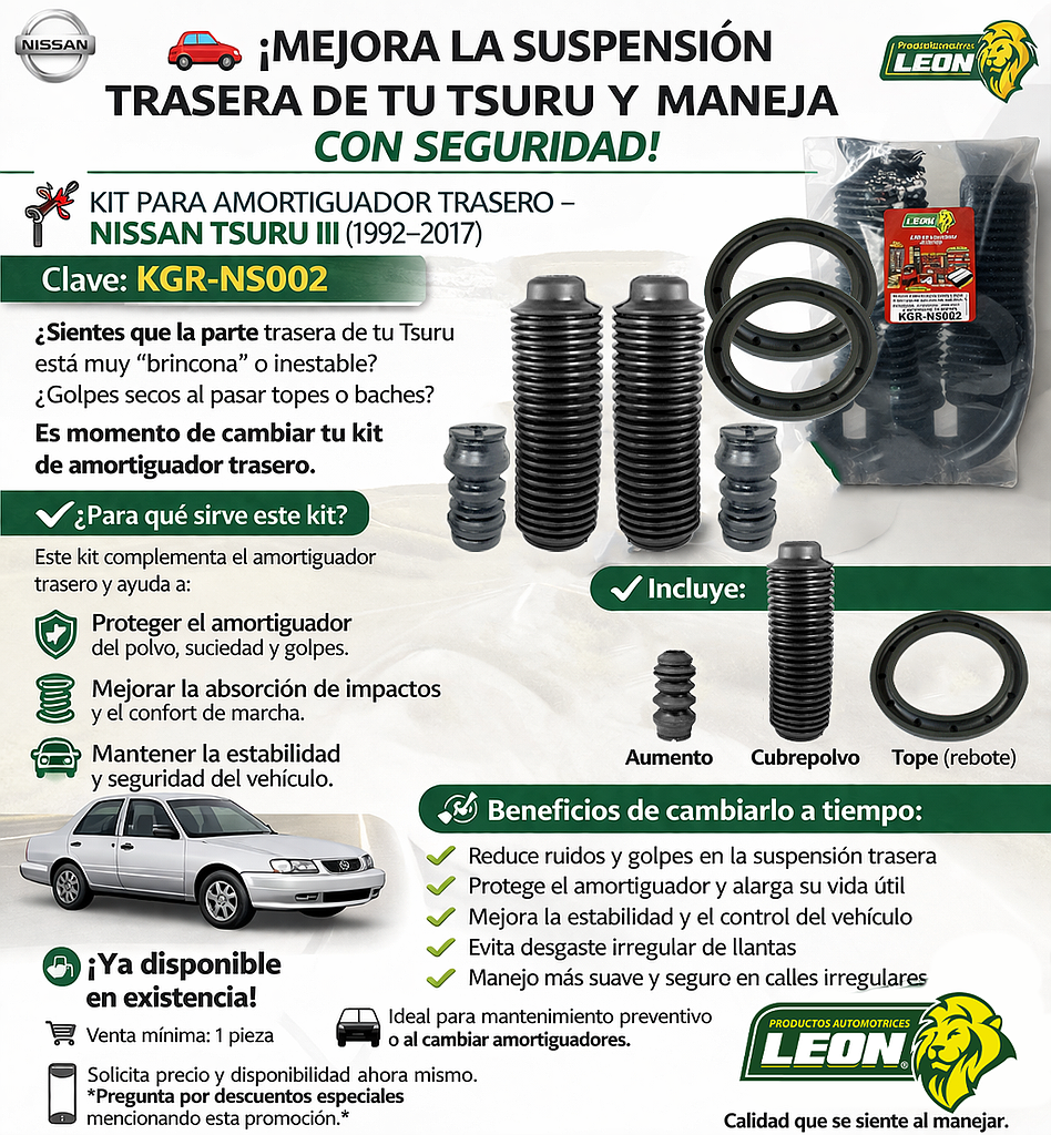 KIT PARA AMORTIGUADOR NISSAN TSURU III 92-17 TRASERO LARGO (AUMENTO + CUBREPOLVO + REBOTE)