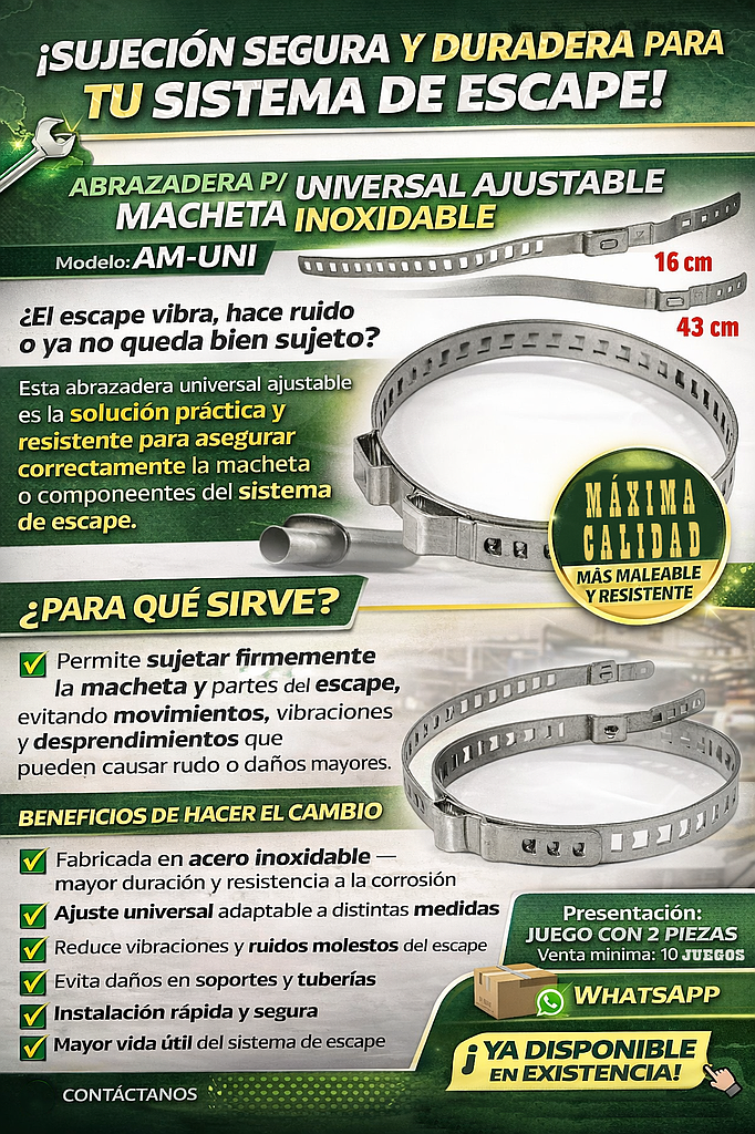 ABRAZADERA P/MACHETA UNIVERSAL AJUSTABLE INOXIDABLE (MEJOR QUE LA VAU-03) (JGO. c/2 pzas.)
