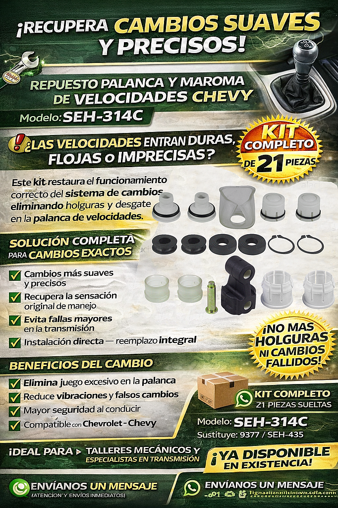 REPUESTO PALANCA Y MAROMA VELOCIDADES CHEVY COMPLETO C/SINCRONIZADOR (VARILLAJE) (21 pzas.) HO599C