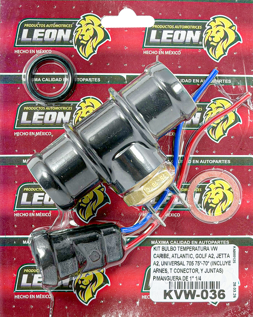 KIT BULBO TEMPERATURA VW CARIBE, ATLANTIC, GOLF A2, JETTA A2, UNIVERSAL 705 75°-70° (INCLUYE ARNES, T CONECTOR, Y JUNTAS) P/MANGUERA DE 1” 1/4