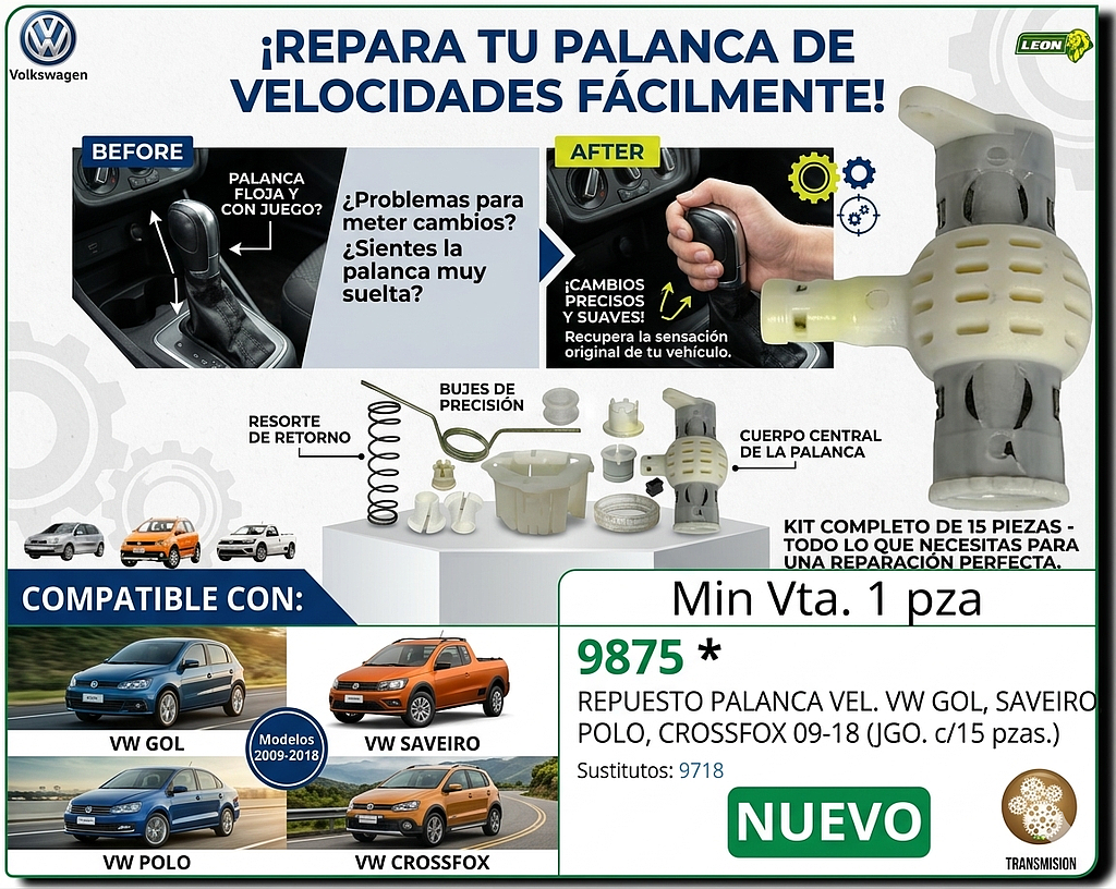 REPUESTO PALANCA VEL. VW GOL, SAVEIRO, POLO, CROSSFOX 09-18 (JGO. c/15 pzas.)