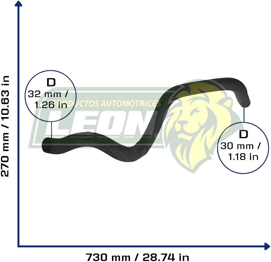MANGUERA RAD. SUP. G.M. EXPRESS 1500 V6 4.3L 03-14, 2500 V6 4.3L 03-06, GMC SAVANA 1500 V6 4.3L 03-14, 2500 V6 4.3L 03-06 (15290409, 25757841) Ø: 33 mm, L: 250x700 mm, LONGITUD: 1030 mm