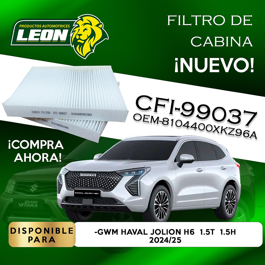 FILTRO CABINA VW SAVEIRO 1.6L 10-24, M. BENZ G500 5.0, 6.0L 03-12, G550 4.0L 09-15, G550 4.0L 09-18, G63 AMG 5.5L 13-18, G65 AMG 6.0L 16-18, SEAT TOLEDO 1.0, 1.2, 1.4, 1.6L, HAVAL JOLION 1.5L 2024 (CFI-99037CA)