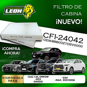 FILTRO DE CABINA GAC EMKOO 1.5L 24-25, EMPOW 55 1.5L 21-23, GS3 1.5L 23-24, GS4 MAX 1.5L 2025 (FC24042CA, 8880027DSV000)