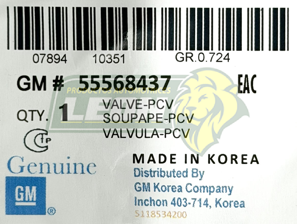 VALVULA PCV GM ASTRA 1.8L 2008, AVEO 1.6L 09-11, CRUZE 1.8L 10-18, SONIC 1.6L 1.8L 12-18, TRAX 1.8L13-20 (320-002, 25198656, 55568261, 93746932)