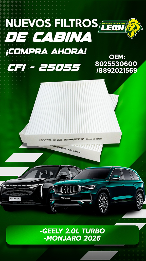 FILTRO CABINA GEELY TURBO 2.0L, MONJARO 2026 (8025530600, 8892021569)
