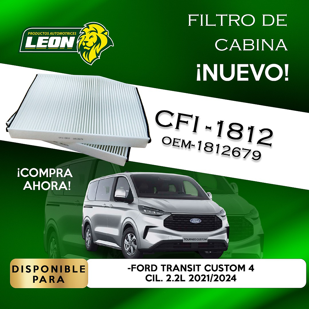 FILTRO CABINA FORD TRANSIT CUSTOM 4 2.0, 2.2, 3.7L 14-24 (CFI-1812, CU29007, LA947, C1812, 1812679)