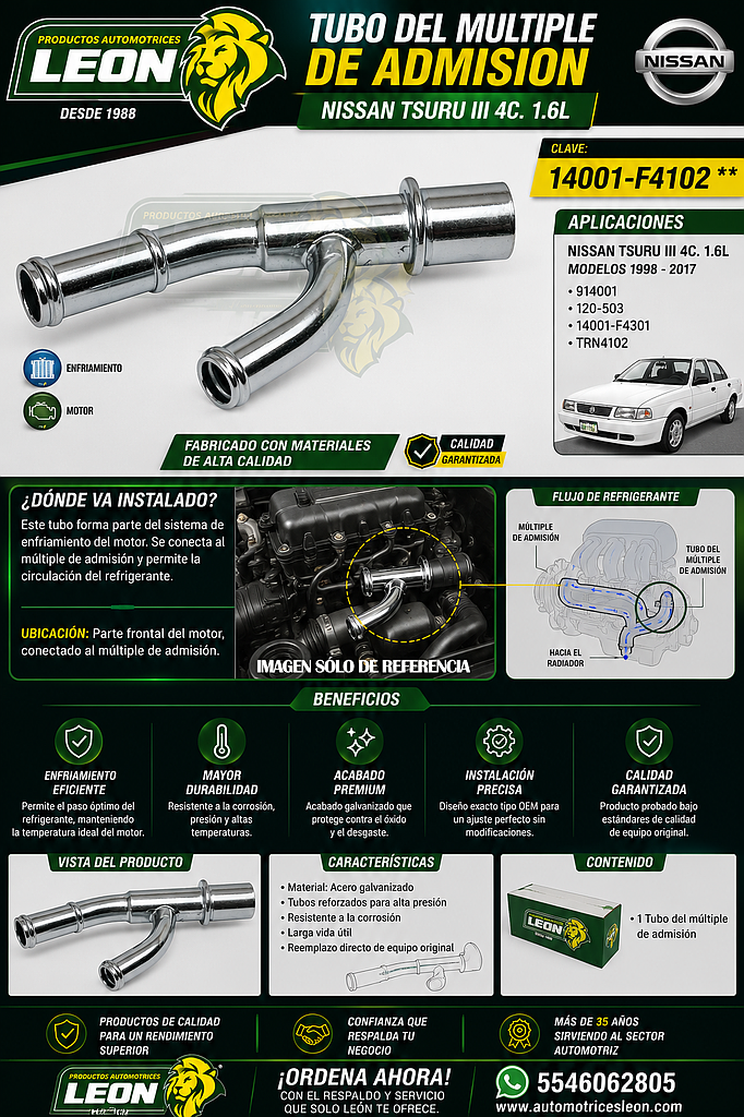 TUBO DEL MULTIPLE DE ADMISION NISSAN TSURU III 4C. 1.6L 98-17 (914001, 120-503, 14001-F4301, TRN4102)