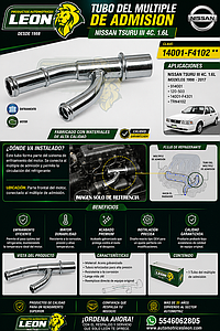 TUBO DEL MULTIPLE DE ADMISION NISSAN TSURU III 4C. 1.6L 98-17 (914001, 120-503, 14001-F4301, TRN4102)
