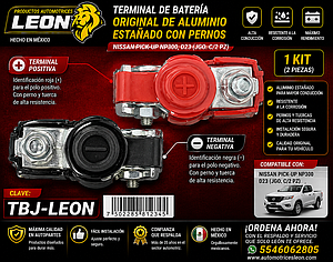 TERMINAL DE BATERIA ORIGINAL DE ALUMINIO ESTAÑADO C/PERNOS NISSAN PK-UP NP300, D23 (JGO. c/2 pz) LEON
