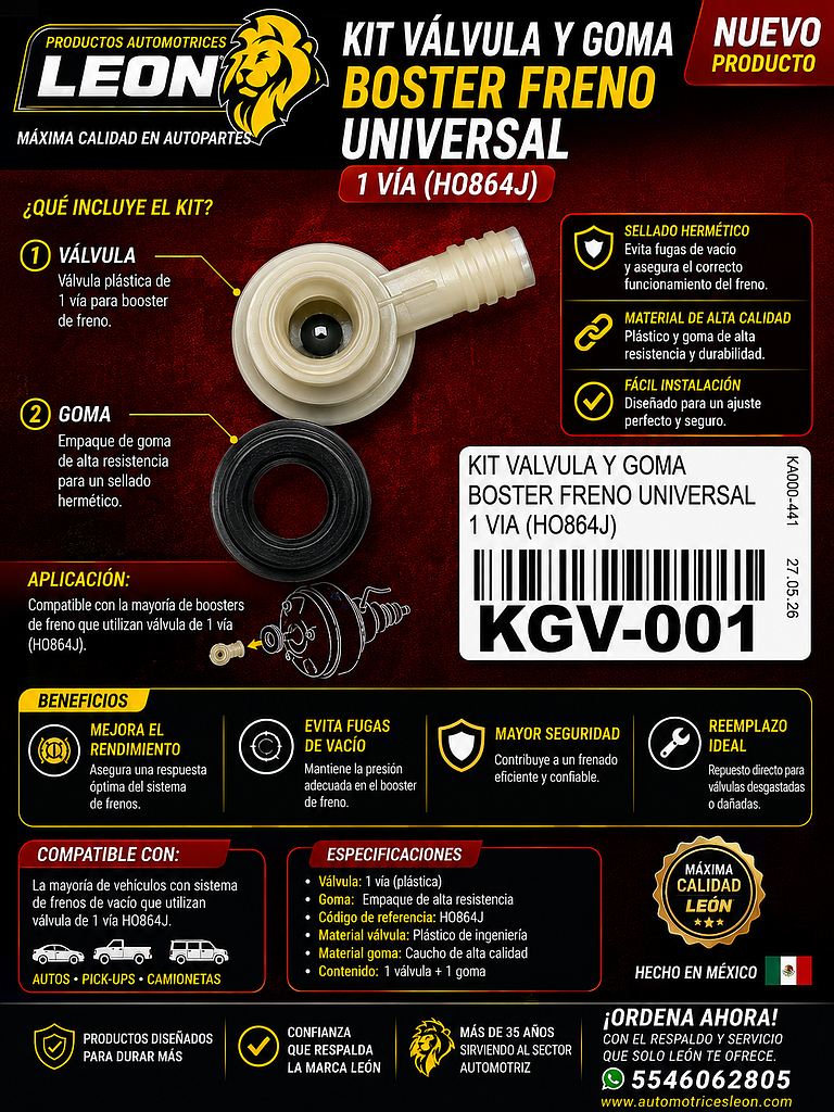 KIT VALVULA Y GOMA BOSTER FRENO UNIVERSAL 1 VIA (HO864J)