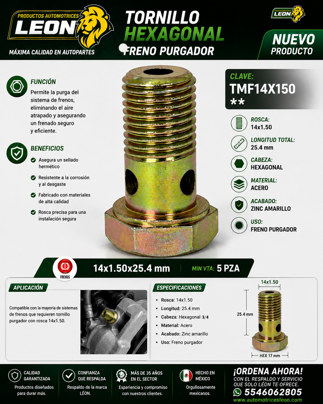 TORNILLO HEXAGONAL FRENO PURGADOR 14x1.50x25.4 mm LL. 3/4