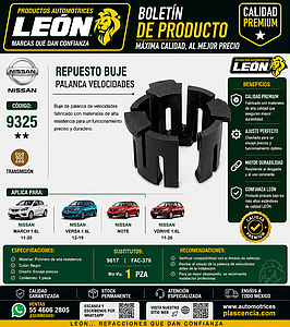 REPUESTO BUJE PALANCA VELOCIDADES NISSAN MARCH 1.6L 11-20, VERSA 1.6L 12-19, NOTE, VDRIVE 1.6L 11-20 (1 pza.) NEGRO