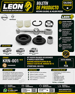 KIT HUESO PALANCA VELOCIDADES o VARILLA SELECTORA MAROMA NISSAN PLATINA 00-09, RENAULT CLIO 00-09, KANGOO 98-13 (7700875584, 500-013)