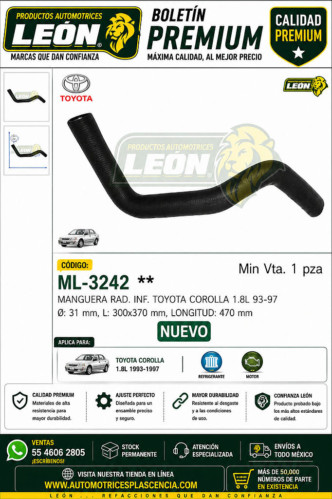 MANGUERA RAD. INF. TOYOTA COROLLA 1.8L 93-97 Ø: 31 mm, L: 300x370 mm, LONGITUD: 470 mm