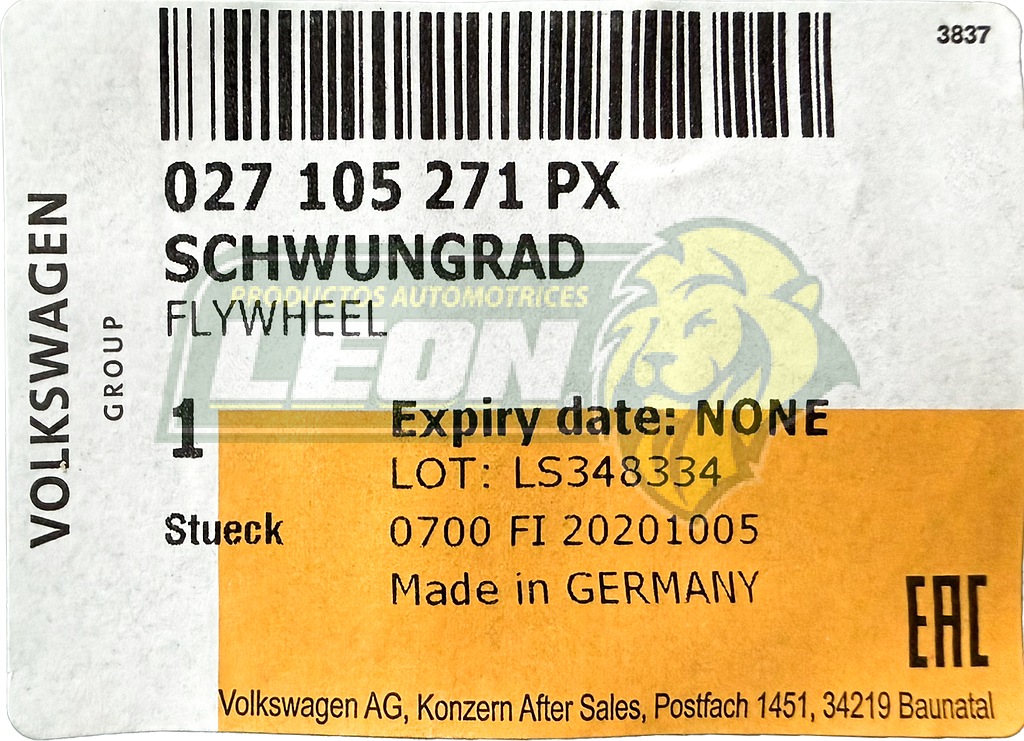 VOLANTE MOTOR VW JETTA 2.0L 94-99, GOLF 2.0L 94-98, CABRIO 2.0L 95-02 (LFW136, NFW7201, 167814, 50-2845, 027105271P, 502845) TRANS. MANUAL 125 DIENTES