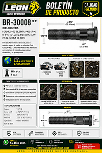 BIRLO RUEDA FORD F350 70-96, CMTA. P400 67-96 R: 9/16-18, LGO.: 2.812”, ESTR.: .627” (15.92 mm) R.T.  (B-3037)