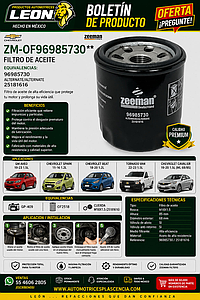 FILTRO ACEITE G.M. AVEO 19-23 1.5L. SPARK 11-16 1.2L BEAT 18-20 1.2L. TORNADO VAN 22-23 1.5L. CAVALIER 19-20 1.5L (ML 68/85) GP-409- OF2518 CUERDA M18X1.5 (25181616)