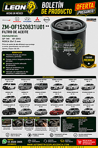 FILTRO ACEITE NISSAN URVAN 00-12 2.5L, NV350 13-17, NV3500 12-18, HONDA ACCORD 84-13, CITY 10-19, CIVIC 88-19, CRV 05-19, FIT 06-19, ODYSSEY 95-19, PILOT 05-19, RIDGELINE 07-19, HUYNDAI GRAND I10 15-17, SANTA FE 17-19, DODGE ATTITUDE 05-20 L3 1.2L, MITSUBISHI MIRAGE 00-20, LANCER 02-17, OUTLANDER 10-18, L200 08-17 (GP-149, OF-3593) ROSCA 20x1.5 mm