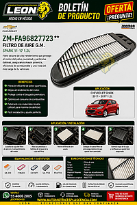 FILTRO AIRE G.M. SPARK 11-17 1.2L (GA-330, F-96A23, CA11071, SA-7723, PCA7723)