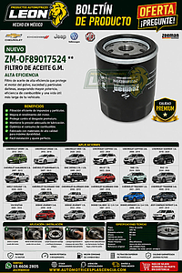 FILTRO ACEITE G.M. SPARK 1.4L 16-21, CRUZE 1.4L 16-18, ONIX 1.0L 20-22, CAPTIVA 1.5L 22-24, 3.0L 08-14, EQUINOX 1.5L 18-20, AVALANCHE 5.3L 07-13, SUBURBAN 5.3L 07-13, S10 2.5L 99-17, MG GT 22-24, ONE 24-25, RX5 1.5L 24-25, GEELY COOLRAY 1.5L 24-25, CAPTIVA 1.5L 22-25, CAPTIVA SPORT 3.0L 12-15, SILVERADO 1500, 2500, 3500 07-18, SUBURBAN 1500, 2500, 3500 07-19, TRACKER 1.2L 21-25, TRAVERSE 3.6L 09-10, VW ROUTAN 09-15, DODGE JOURNEY 2.4L 09-20, JOURNEY 1.5L 22-24, CALIBER 1.8, 2.0, 2.4L 07-12, AVENGER 2.0, 2.4 3.5L 08-14, JEEP COMPAS PATRIOT 07-19 (GP406, OF10060, PH10060, ML1030) CUERDA 22x1.5 mm