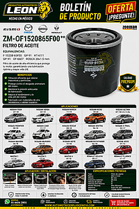 FILTRO ACEITE NISSAN TIIDA 07-18, VERSA 07-19, MARCH 11-19, KICKS 18-20, ALTIMA 07-18 2.5, 3.5L, FRONTIER 00-18, JUKE 11-17, ROGE 08-18, SENTRA 96-18, X-TRAIL 02-17, MAXIMA 06-18, MURANO 04-19, NOTE 14-18, PATHFINDER 02-18, DODGE ATOS 01-12, MAZDA 2 11-16, 3 12-18, 6 14-18, RENAULT KOLEOS 09-17, FLUENCE 11-17 (GP-91, OF-6607) ROSCA 20x1.5 mm