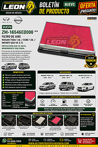 FILTRO AIRE NISSAN TIIDA 1.8L 05-15, CUBE 1.8L 09-14, INFINITI Q50 V6 3.7L 14-15, (F-60A00, GAD-116, CA10234)
