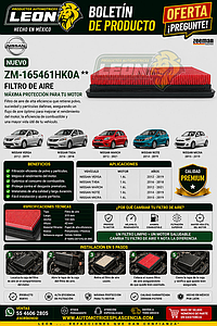 FILTRO AIRE NISSAN VERSA 1.6L 12-19, TIIDA 1.6L 16-18, MARCH 1.6L12-21, NOTE 1.6L 14-19, MICRA 1.6L 15-19 (F-16AK0, CA11215, GA-306)