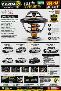 TERMOSTATO DE AGUA 82°C TOYOTA HIACE 2.7L 06-23, 4RUNNER 2.7L 2010, PRIUS 1.5L 01-09, TACOMA 2.7L 05-17, YARIS 1.5L 07-18, NISSAN ALTIMA 2.0L 19-24, FRONTIER 3.8L 07-18 (VT424.82, 9091603092, 9091603123) (140-040)