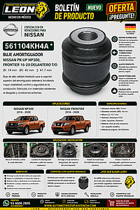BUJE AMORTIGUADOR NISSAN PK-UP NP300, FRONTIER 16-20 DELANTERO T/O ØI: 14 mm ØE: 40 mm ↕: 41.7 mm