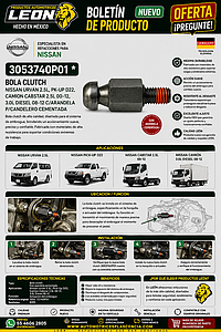 BOLA CLUTCH NISSAN URVAN 2.5L, PK-UP D22, CAMION CABSTAR 2.5L 00-12, 3.0L DIESEL 08-12 C/ARANDELA P/CANDELERO CEMENTADA