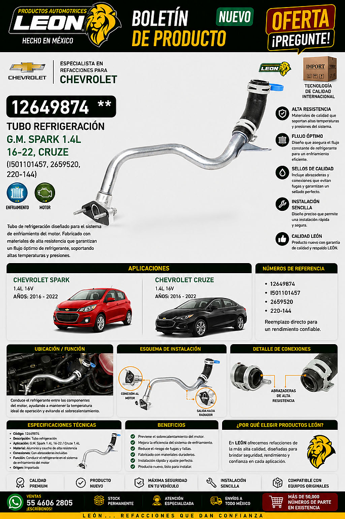 TUBO REFRIGERACION G.M. SPARK 1.4L 16-22, CRUZE (I501101457, 2659520, 220-144)