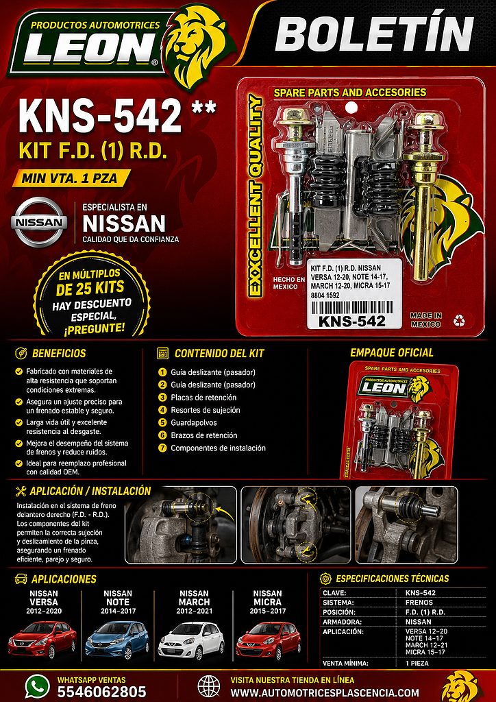 KIT F.D. (1) R.D. NISSAN VERSA 12-20, NOTE 14-17, MARCH 12-21, MICRA 15-17 8804 1592 KC542