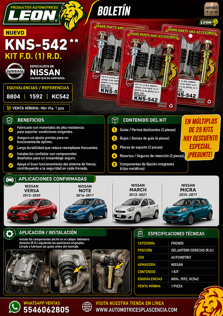 KIT F.D. (1) R.D. NISSAN VERSA 12-20, NOTE 14-17, MARCH 12-21, MICRA 15-17 8804 1592 KC542