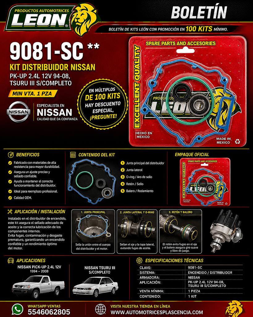 KIT DISTRIBUIDOR NISSAN PK-UP 2.4L 12V 94-08, TSURU III S/COMPLETO