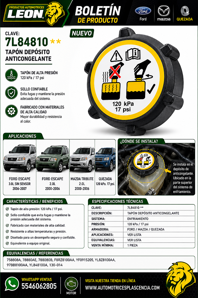 TAPON DEPOSITO ANTICONGELANTE FORD ESCAPE 3.0L SIN SENSOR 06-07 Y CON SENSOR 01-06, ESCAPE 2.0L 00-06, MAZDA TRIBUTE 00-06, 120 Kpa. 17 psi. (758808A, 78880AE, 788080B, F8RZ8100AA, YF0915205, YL8Z8100AA, 97BB8100AA, YL848100A, 130-014) QUEZADA