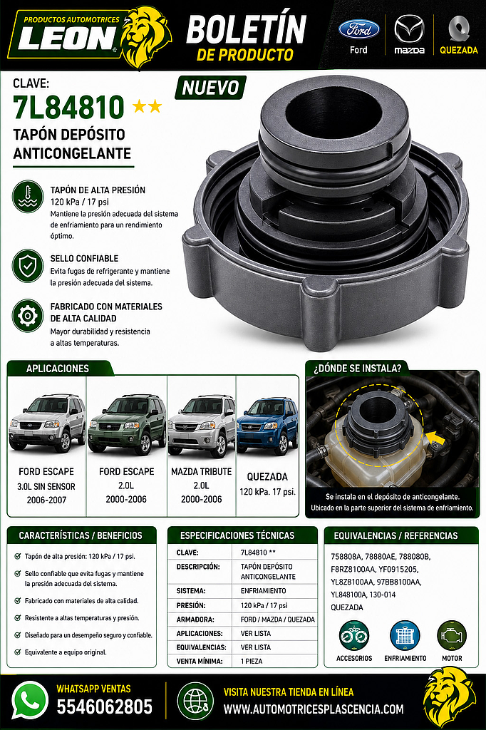 TAPON DEPOSITO ANTICONGELANTE FORD ESCAPE 3.0L SIN SENSOR 06-07 Y CON SENSOR 01-06, ESCAPE 2.0L 00-06, MAZDA TRIBUTE 00-06, 120 Kpa. 17 psi. (758808A, 78880AE, 788080B, F8RZ8100AA, YF0915205, YL8Z8100AA, 97BB8100AA, YL848100A, 130-014) QUEZADA