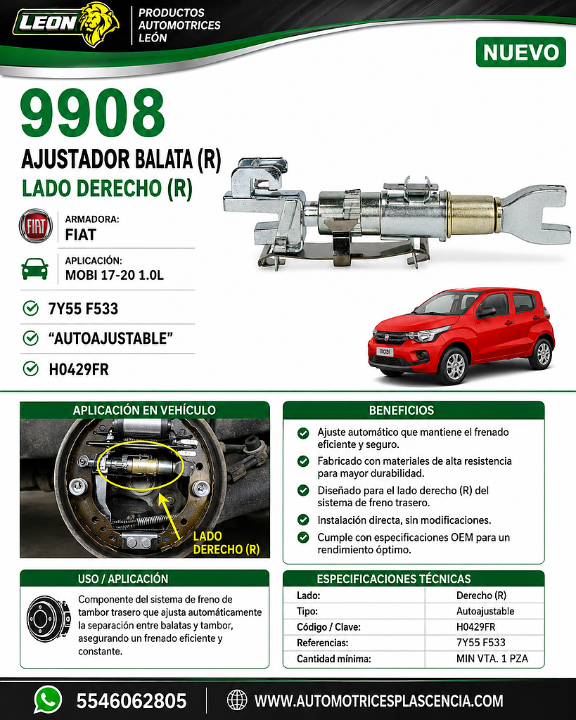 AJUSTADOR BALATA (R) FIAT MOBI 17-20 1.0L 7Y55 F533 “AUTOAJUSTABLE” HO429FR