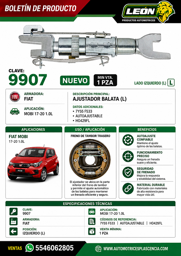AJUSTADOR BALATA (L) FIAT MOBI 17-20 1.0L 7Y55 F533 “AUTOAJUSTABLE” HO429FL