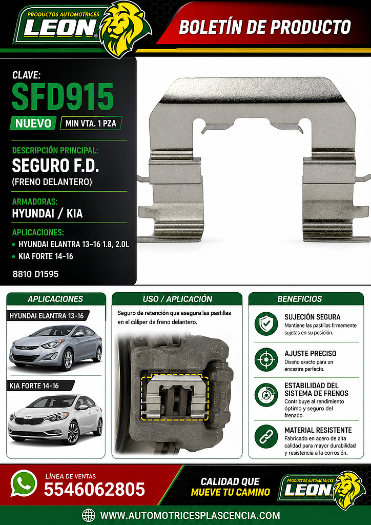 SEGURO  F.D HYUNDAI ELANTRA 13-16 1.8, 2.0L, KIA FORTE 14-16 8810 D1595