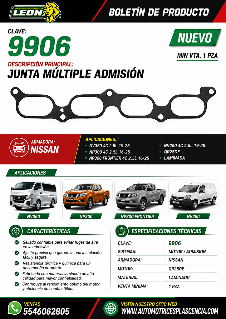 JUNTA MULTIPLE ADMISION NISSAN NV350 4C 2.5L 19-25, NP300 4C 2.5L 16-25, NP300 FRONTIER 4C 2.5L 16-25, NV250 4C 2.5L 19-25 QR25DE (14035ET80A) (LAMINADA)
