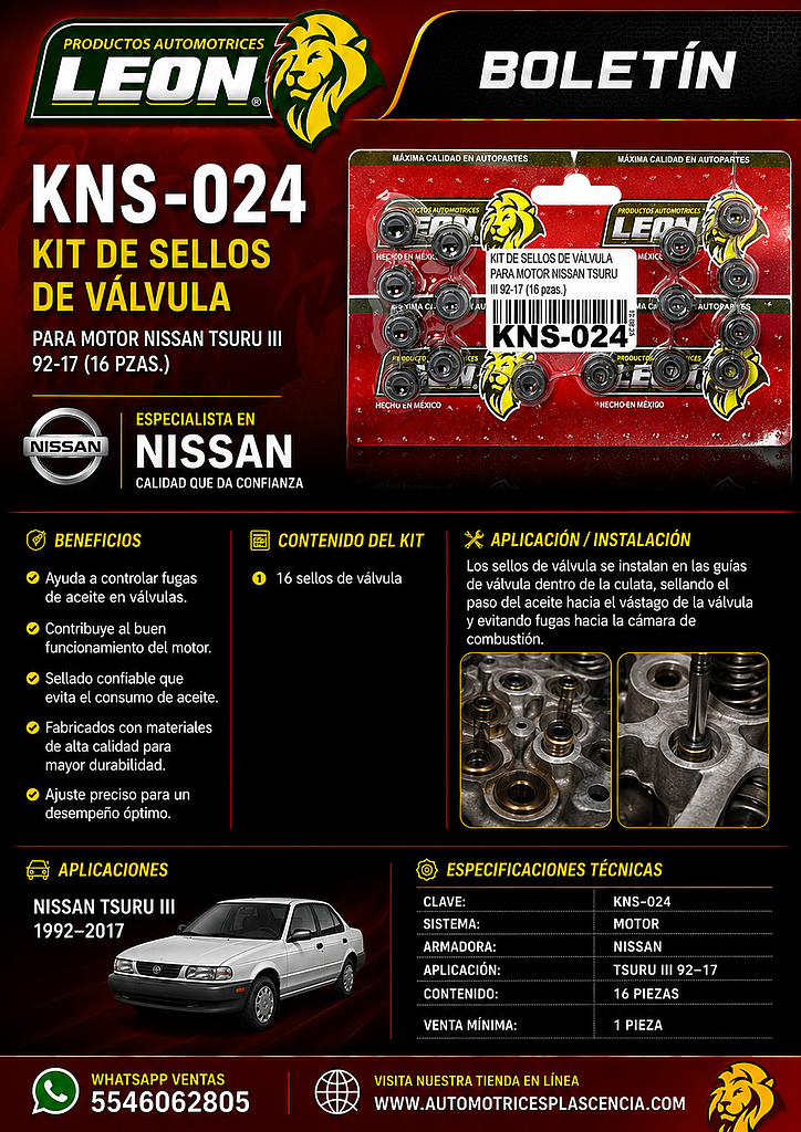 KIT DE SELLOS DE VÁLVULA PARA MOTOR NISSAN TSURU III 92-17 (16 pzas.)