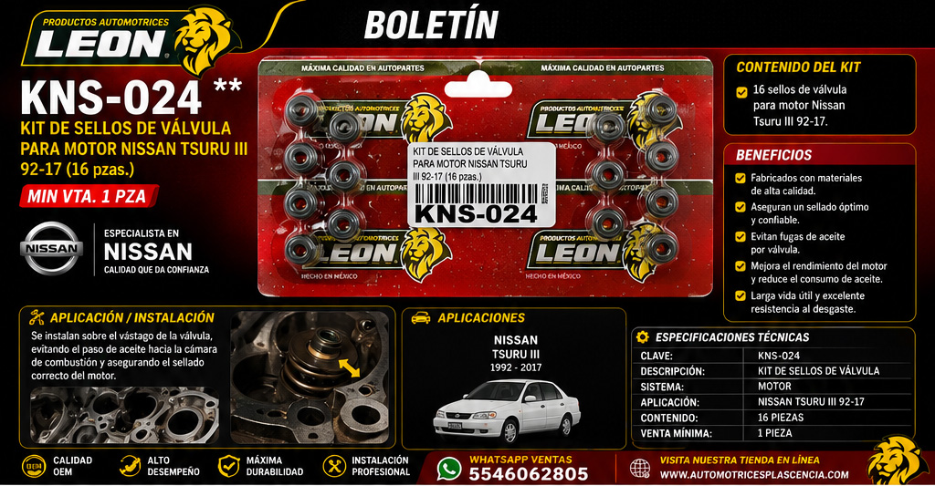 KIT DE SELLOS DE VÁLVULA PARA MOTOR NISSAN TSURU III 92-17 (16 pzas.)