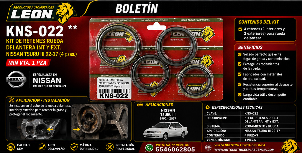 KIT DE RETENES RUEDA DELANTERA INT Y EXT. NISSAN TSURU III 92-17 (4 pzas.)