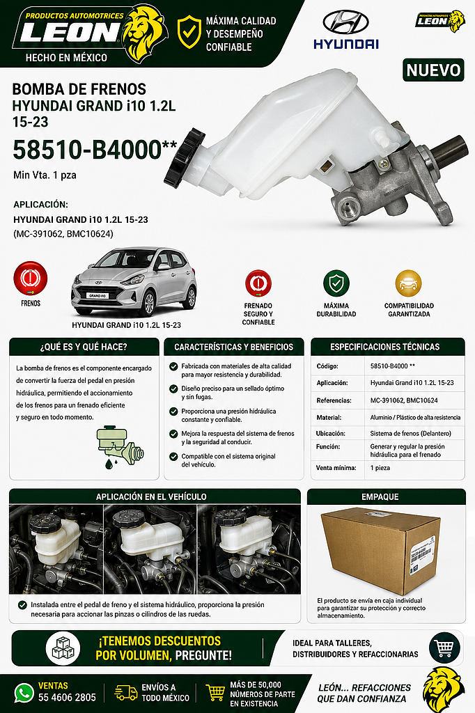 BOMBA DE FRENOS HYUNDAI GRAND i10 1.2L 15-23 (MC-391062, BMC10624, 58510B4300)